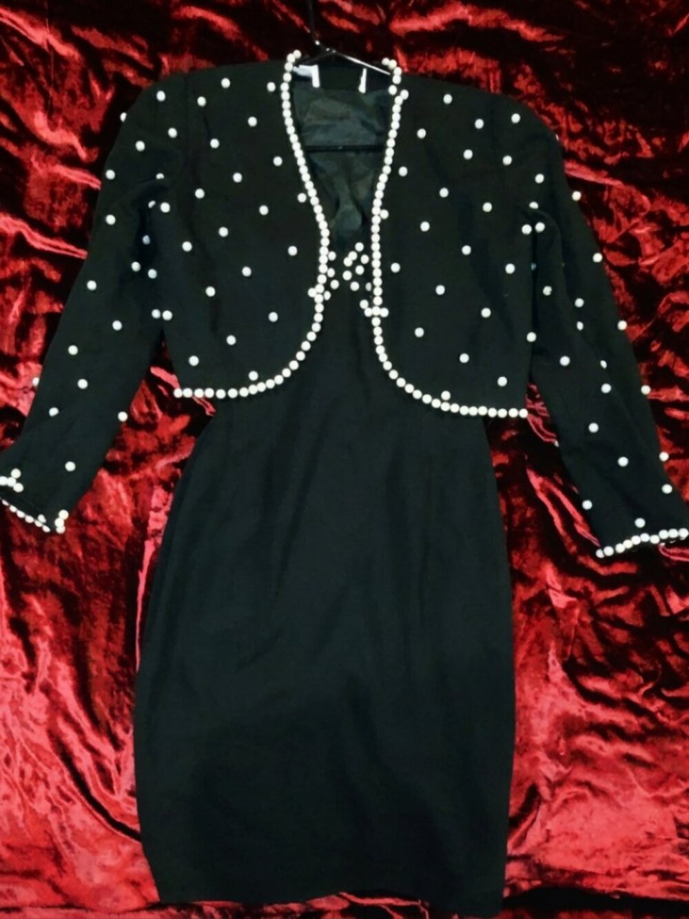 Vintage Black Pearl Embellished Dress Bolero Jacket Set Size 6